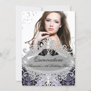 Quinceanera Chic Lila Damask Diamond Jewel Foto Einladung