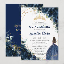 Quinceañera Chic Navy Blue Floral Princess Crown Einladung
