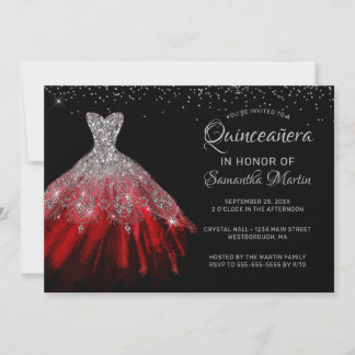 Quinceañera Chic Red Silver Dress Party Einladung