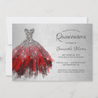 Quinceanera Chic Red Silver Dress Shiny Party Invi Einladung