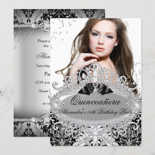 Quinceanera Chic Silber Damast Diamant Juwel Foto Einladung