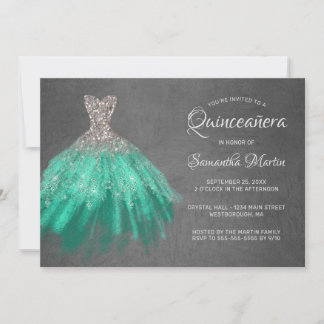 Quinceanera Chic Silver Aqua Dress on Grau Party Einladung