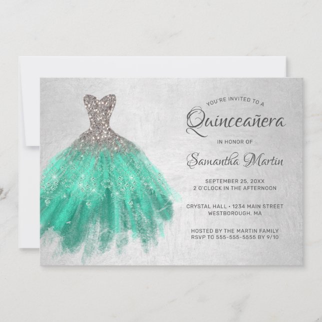 Quinceanera Chic Silver Aqua Dress on Silver Party Einladung (Vorderseite)