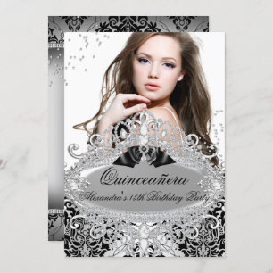 Quinceanera Chic Silver Damask Diamond Jewel Foto Einladung