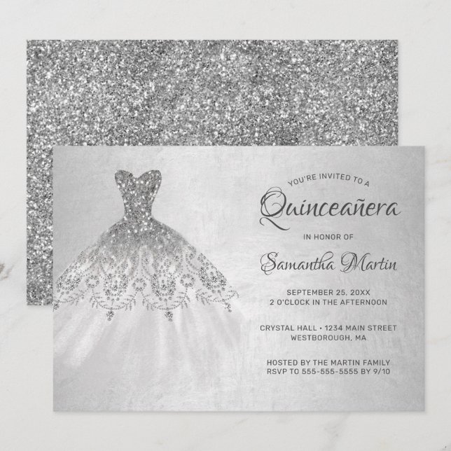 Quinceanera Chic Silver Dress Silver Glitzer Party Einladung (Vorne/Hinten)