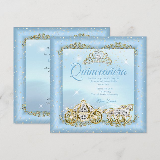 Quinceanera Cinderella Blue Märytale Carriage 2 Einladung (Vorne/Hinten)