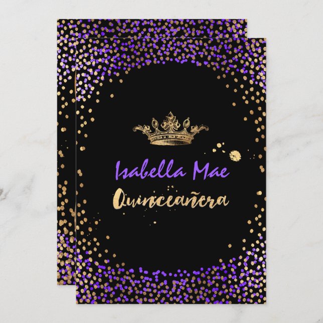 Quinceanera/Confetti/Neon Lila/Prinzessin/Krone Einladung (Vorne/Hinten)