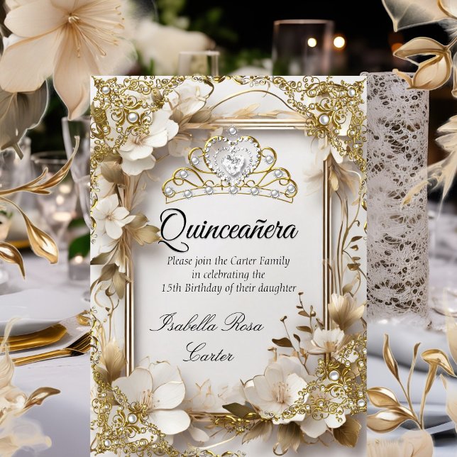 Quinceanera Cream Floral Gold Weißes Tiara Party Einladung (Von Creator hochgeladen)