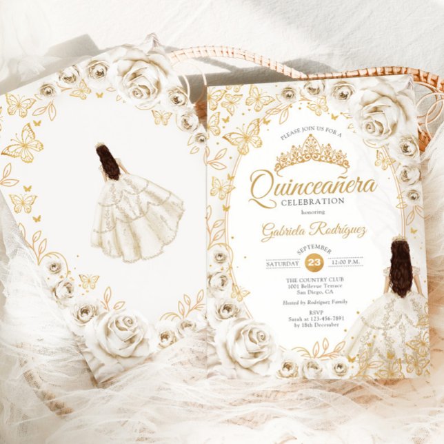 Quinceanera Cream Gold Floral Einladung (Von Creator hochgeladen)