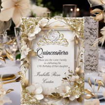 Quinceanera Creme Blumen Gold Weiße Tiara Party