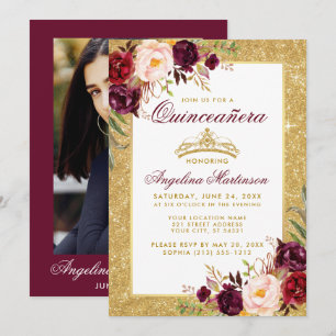 Quinceanera Crown Floral Burgund Glitzer Foto Einladung