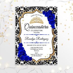 Quinceanera - Damask Royal Blue Gold Einladung
