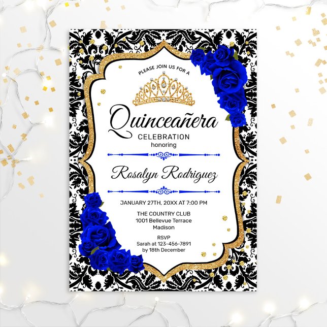 Quinceanera - Damask Royal Blue Gold Einladung (Von Creator hochgeladen)