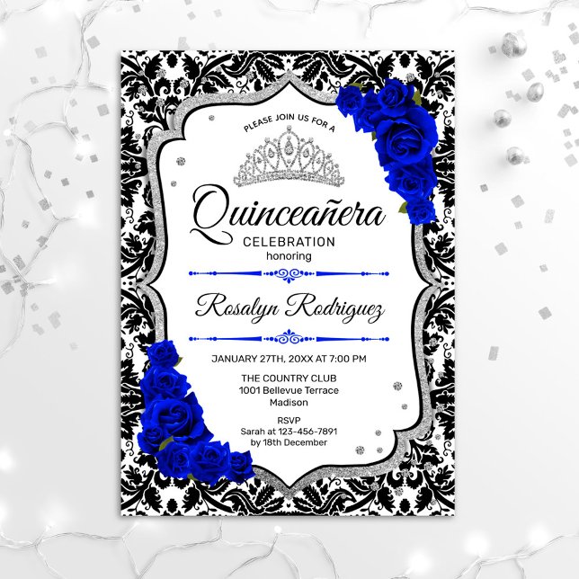 Quinceanera - Damask Royal Blue Silver Einladung (Von Creator hochgeladen)