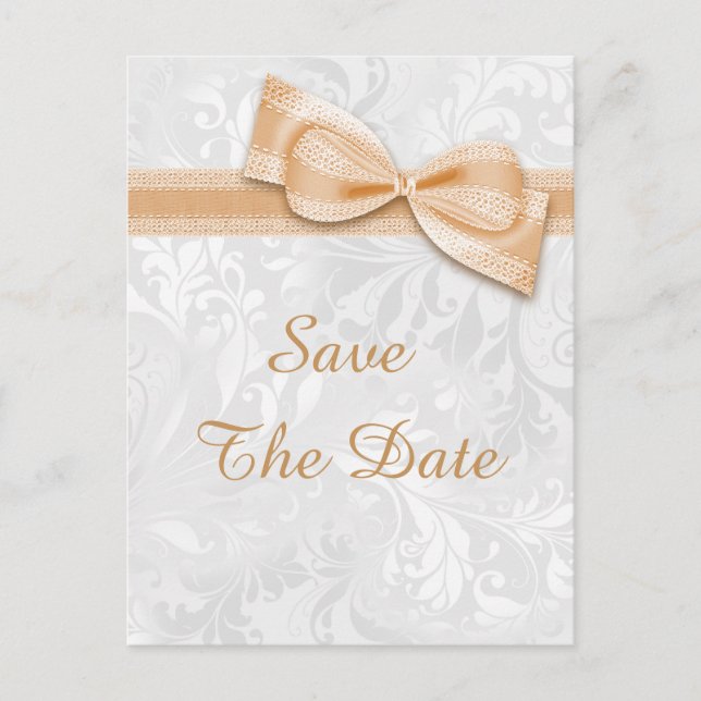 Quinceañera Damask und Imitats Bow Save the Date Ankündigungspostkarte (Vorderseite)