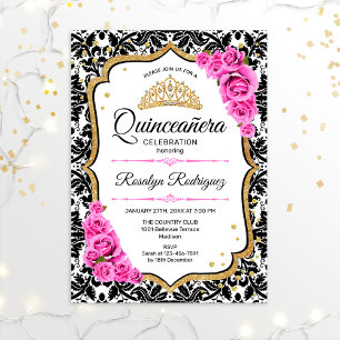 Quinceanera - Damask White Black Pink Einladung