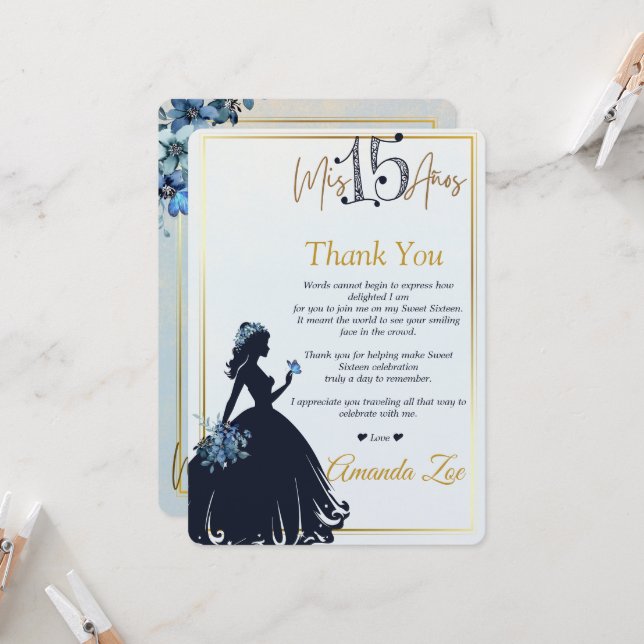 Quinceañera Danke Karte (Vorderseite/Rückseite Beispiel)