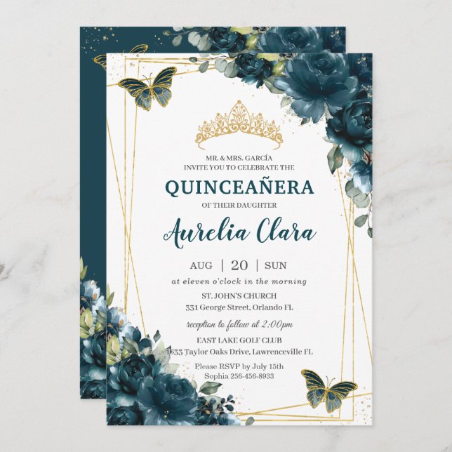 Quinceañera Dark Aquamarin Peacock Floral Butterfl Einladung (Vorne/Hinten)