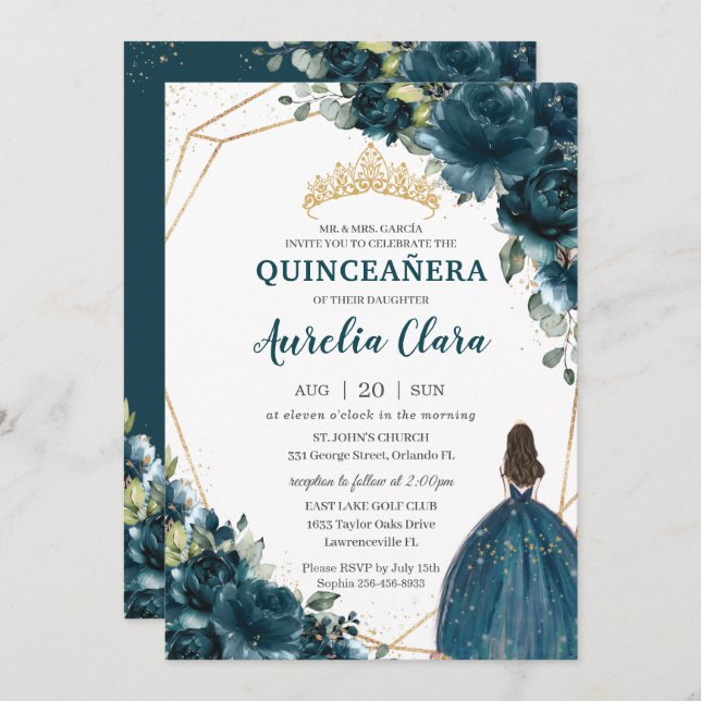 Quinceañera Dark Aquamarin Peacock Floral Princess Einladung (Vorne/Hinten)