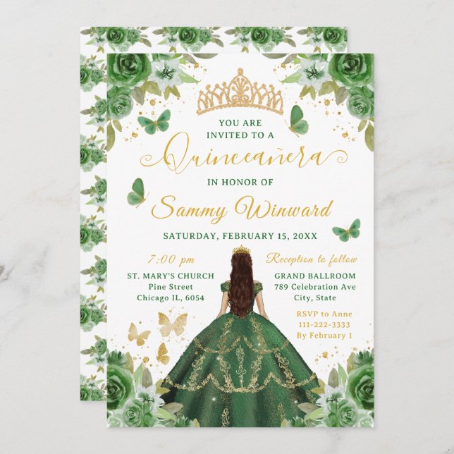 Quinceañera Dark Green Princess Brunette Girl Einladung (Vorne/Hinten)