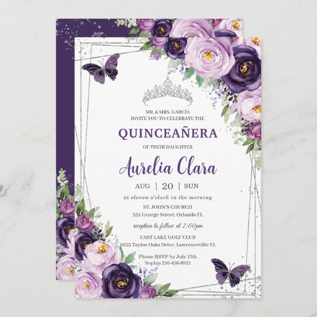 Quinceañera Dark Lila Lilac Floral Butterfliegen Einladung (Vorne/Hinten)