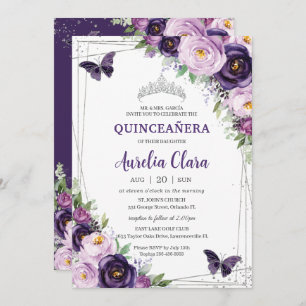 Quinceañera Dark Lila Lilac Floral Butterfliegen Einladung