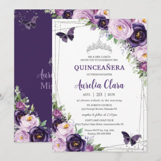 Quinceañera Dark Lila Lilac Floral Butterfliegen Einladung