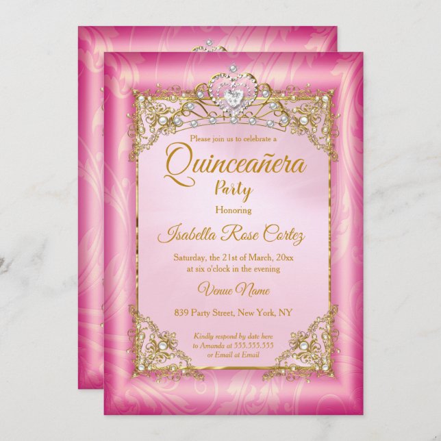 Quinceanera Deep Pink Damask Foto Gold Tiara Einladung (Vorne/Hinten)