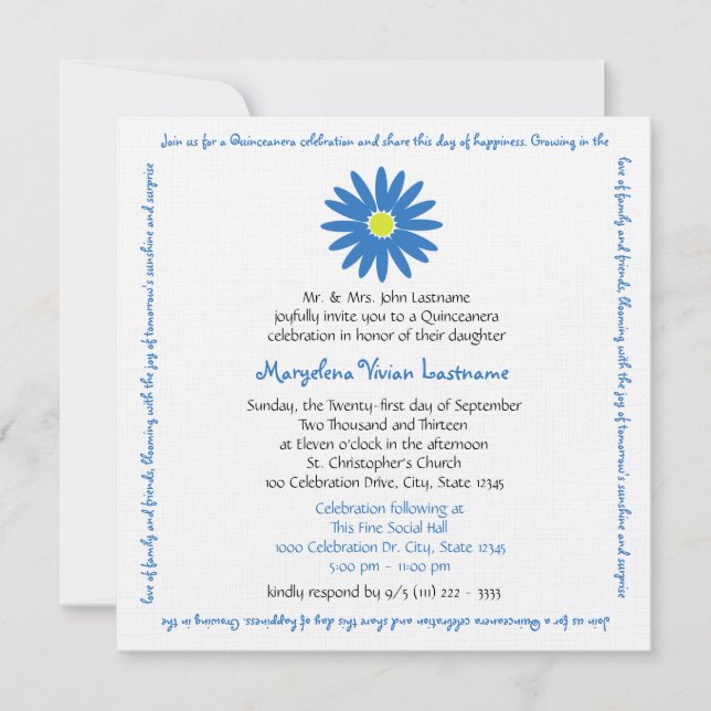 Quinceanera Delightful Daisy Message Text Blau Einladung (Vorderseite)