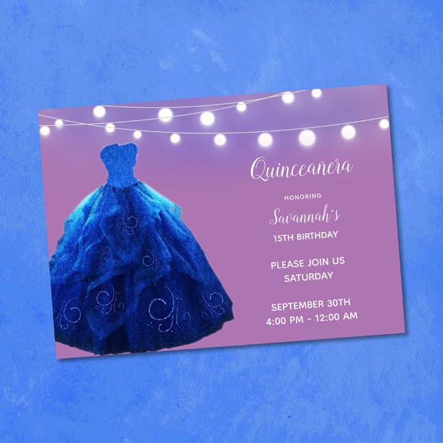 Quinceanera Denim Blue Lavender String Lights Einladung (Von Creator hochgeladen)