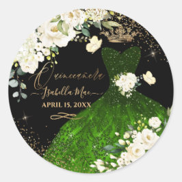 Quinceanera Dunkelgrüner Glitzer Gänsecreme Rose Runder Aufkleber