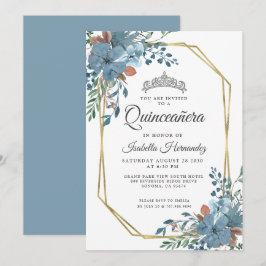Quinceanera Dusty Blue Floral Gold Rahmen Einladung