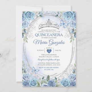 Quinceañera Dusty Blue & Silver Crown Butterfly Einladung