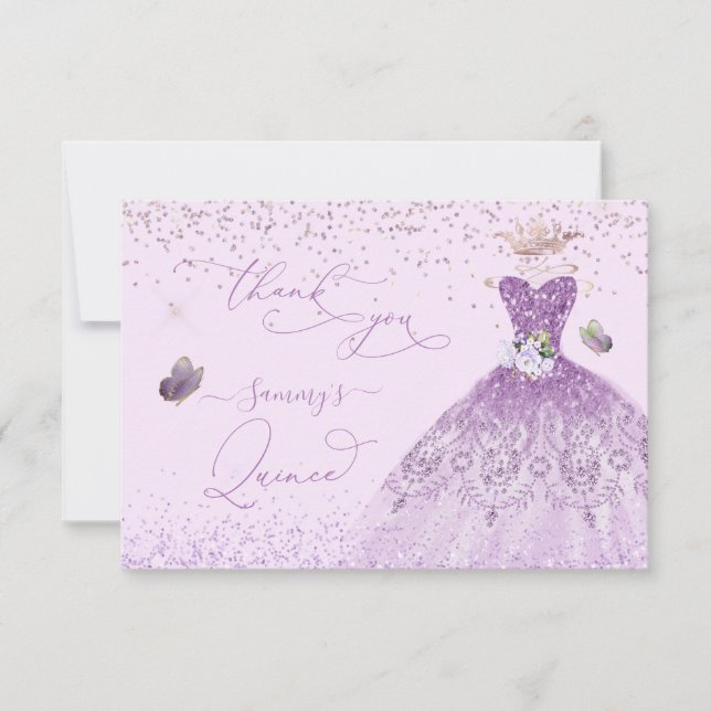 Quinceanera Dusty Lilac Lila Silver Glitzer Gown Dankeskarte (Vorderseite)