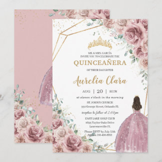 Quinceañera Dusty Rose Blumenprinzessin Gown Gold Einladung