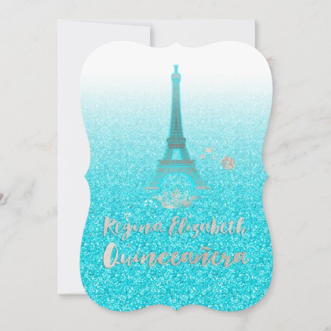 Quinceanera/Eiffel/Blau/Prinzessin/Krone Einladung (Vorderseite)