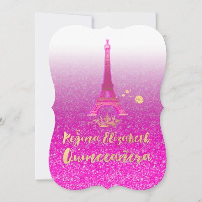 Quinceanera/Eiffel/Neon Pink/Prinzessin/Krone Einladung (Vorderseite)