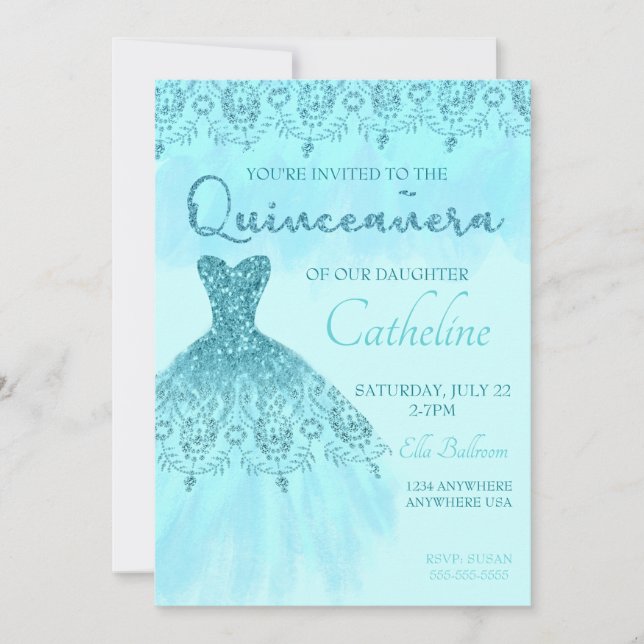 Quinceanera Einladung aquamarinen Glitzer, 15. Geb (Vorderseite)
