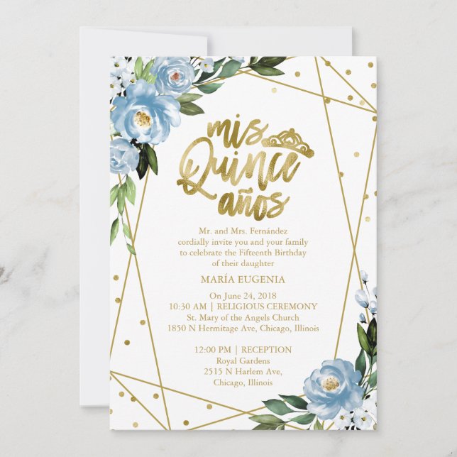 Quinceanera Einladung Bilingual Blue Gold Foil (Vorderseite)