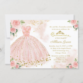Quinceanera Einladung Bilingual Pink Blush Gown