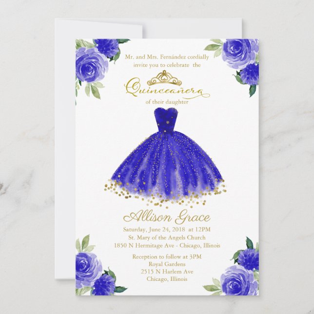 Quinceanera Einladung Bilingual Royal Blue Gown (Vorderseite)