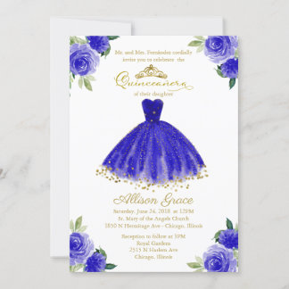 Quinceanera Einladung Bilingual Royal Blue Gown