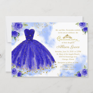 Quinceanera Einladung Bilingual Royal Blue Gown