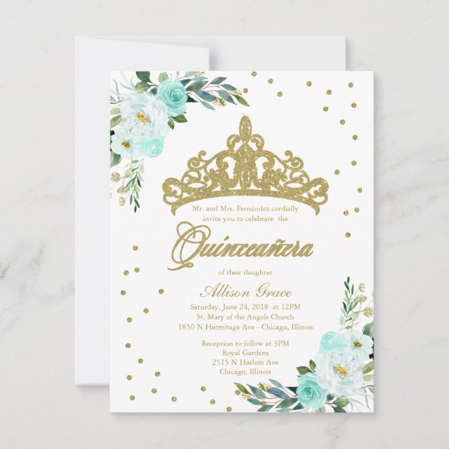 Quinceanera Einladung Bilingual Tiara Aquamarin (Vorderseite)