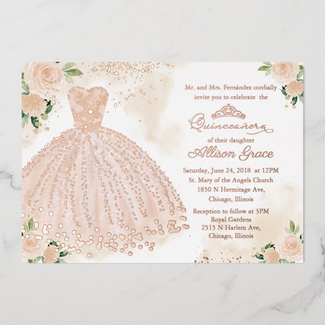 Quinceanera Einladung Blütenrot Rose Gold (Vorderseite)
