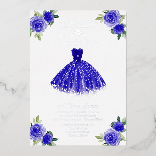 Quinceanera Einladung Floral Royal Blue Gown (Vorderseite)