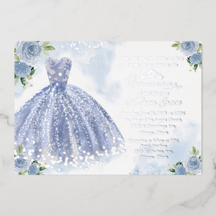 Quinceanera-Einladung Florales Blaues Kleid Silber Folieneinladung