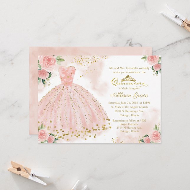 Quinceanera Einladung Gold Foil Pink Blush Gown (Vorderseite/Rückseite Beispiel)