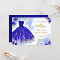 Quinceanera Einladung Gold Foil Royal Blue Gown