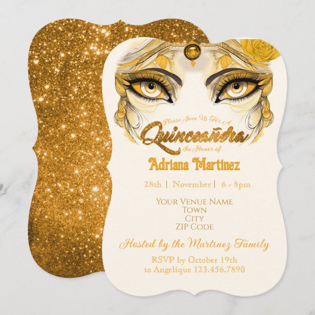 Quinceañera Einladung Gold Glitzer (Vorne/Hinten)